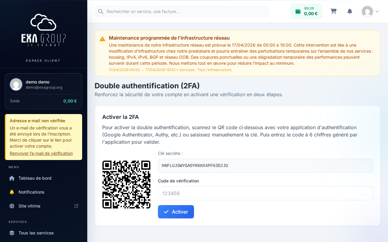 Panneau Mon compte — section Sécurité, bouton Activer la 2FA