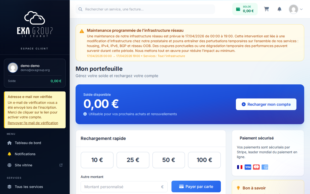 Page Facturation — solde du wallet affiché en haut de page