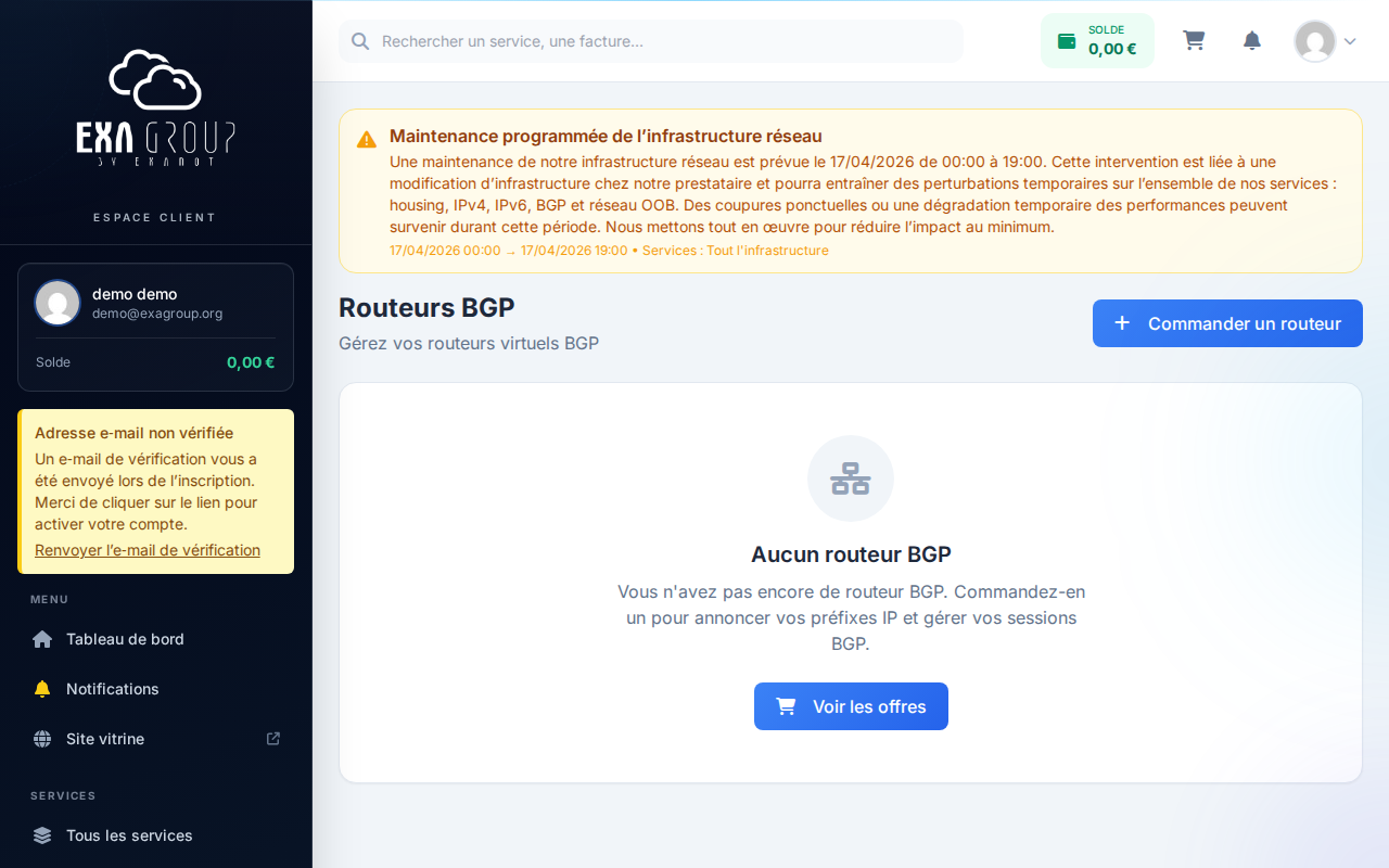 Tableau de bord BGP — informations générales du routeur (ASN, IP, statut)