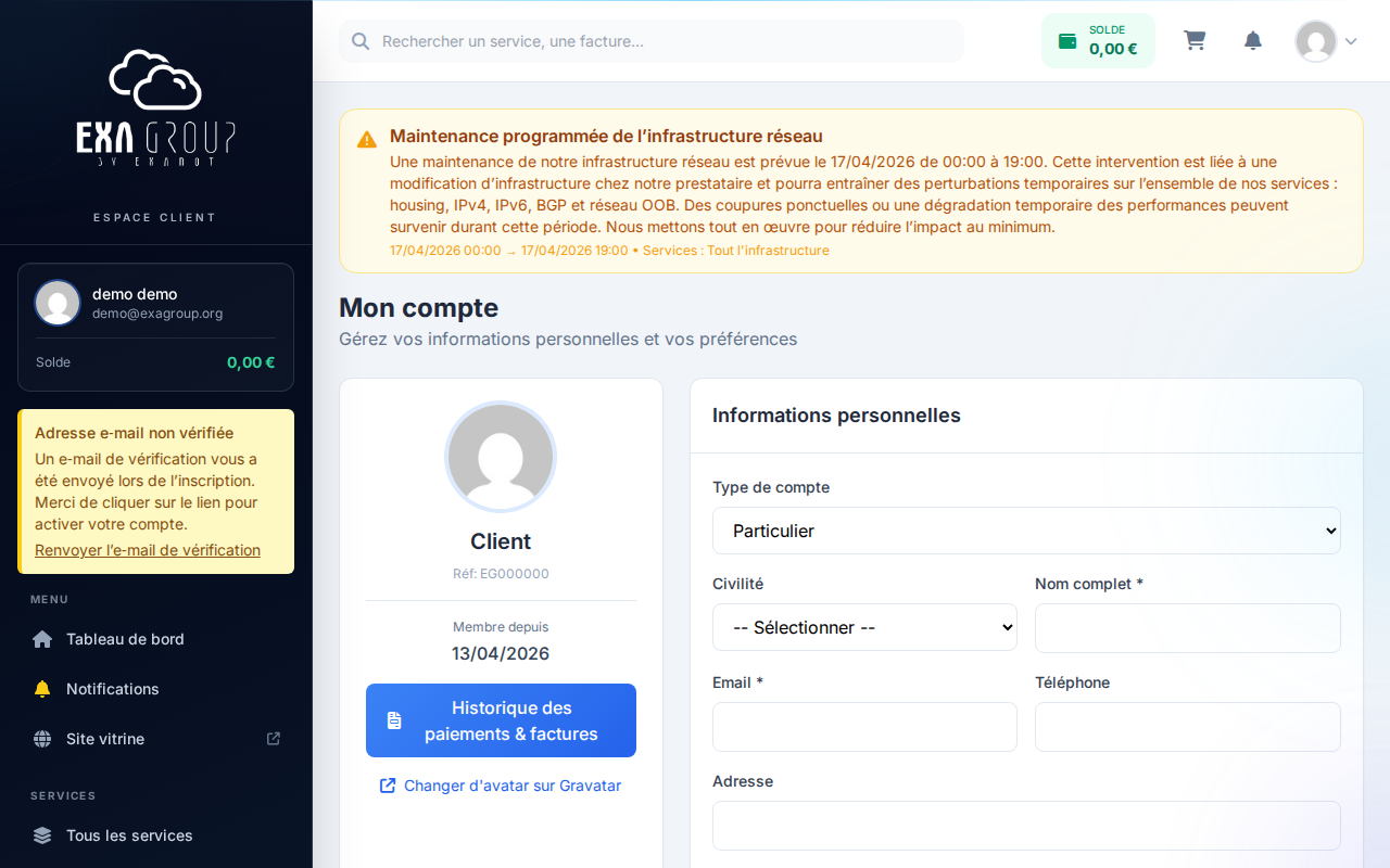 Formulaire de profil — champs nom, téléphone, adresse