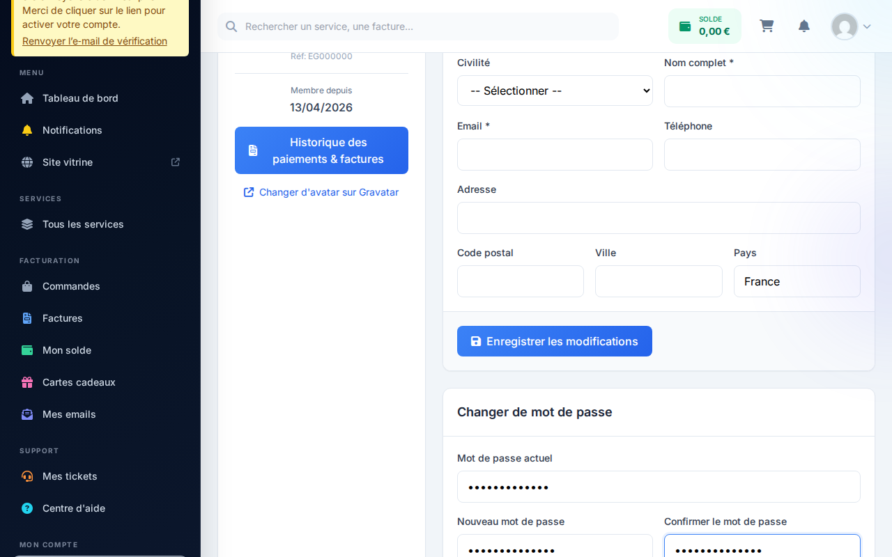 Section changement de mot de passe — trois champs remplis