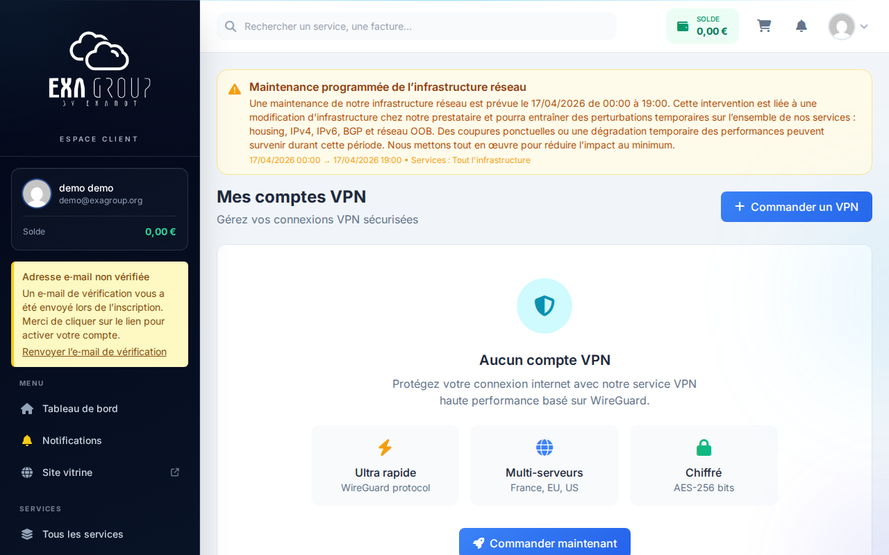 Tableau de bord du tunnel VPN — toutes les informations du peer affichées