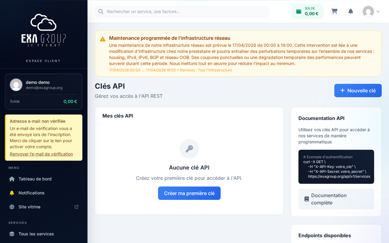 Page Clés API — liste des clés avec bouton Générer une nouvelle clé