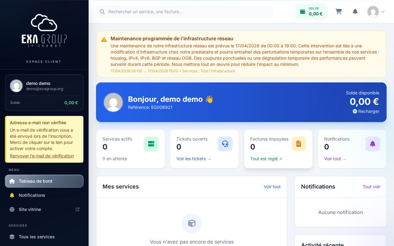 Menu latéral ouvert — toutes les sections visibles